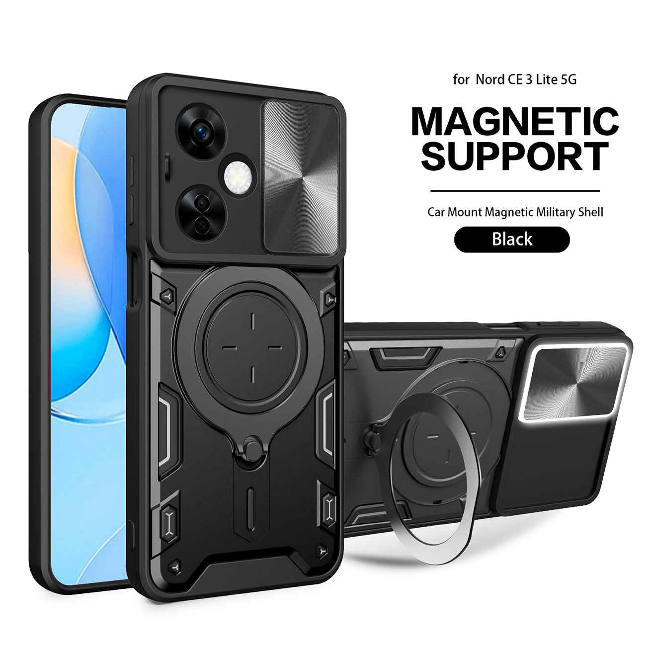 TPU PC Shockproof Magnetic Phone Case with Free Adjustment Ring Holder for ONEPLUS NORD N30 5G in Black – view 2