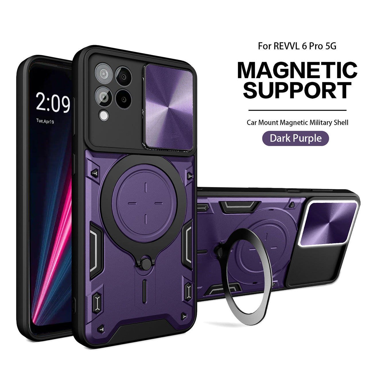 TPU PC Shockproof Magnetic Phone Case with Free Adjustment Ring Holder for REVVL 6 Pro 5G in Purple