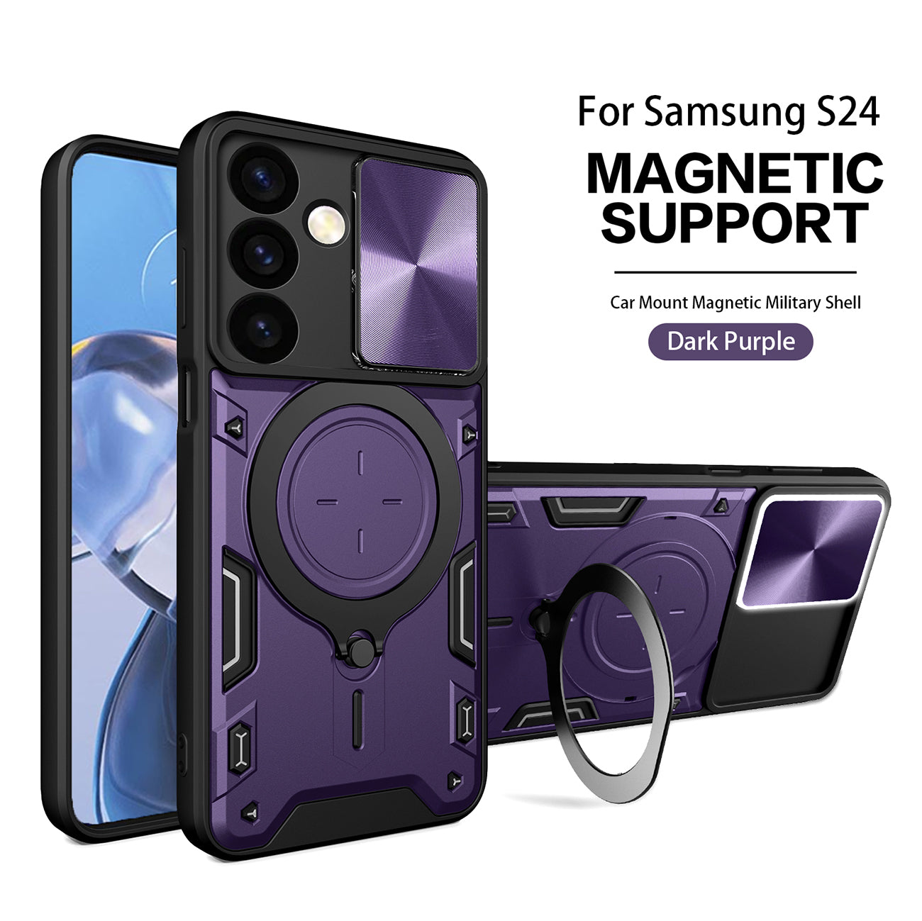 TPU PC Shockproof Magnetic Phone Case with Free Adjustment Ring Holder for Samsung Galaxy S24 in Purple