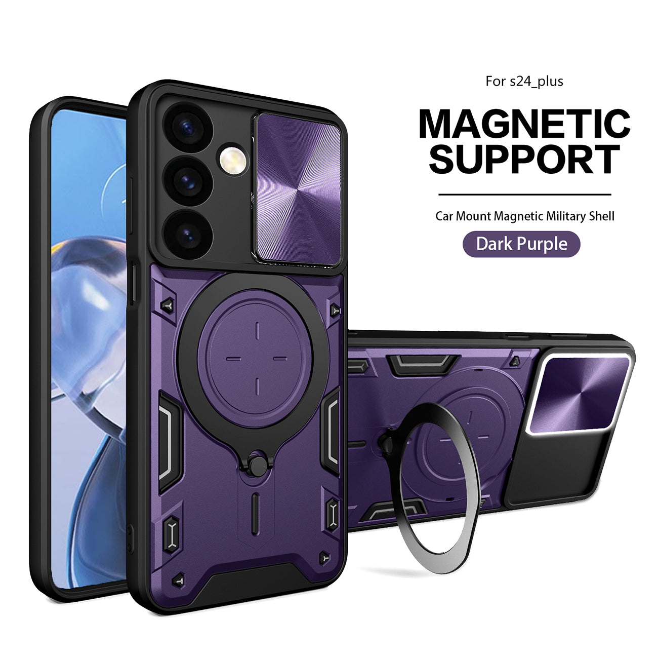 TPU PC Shockproof Magnetic Phone Case with Free Adjustment Ring Holder for Samsung Galaxy S24 Plus in Purple