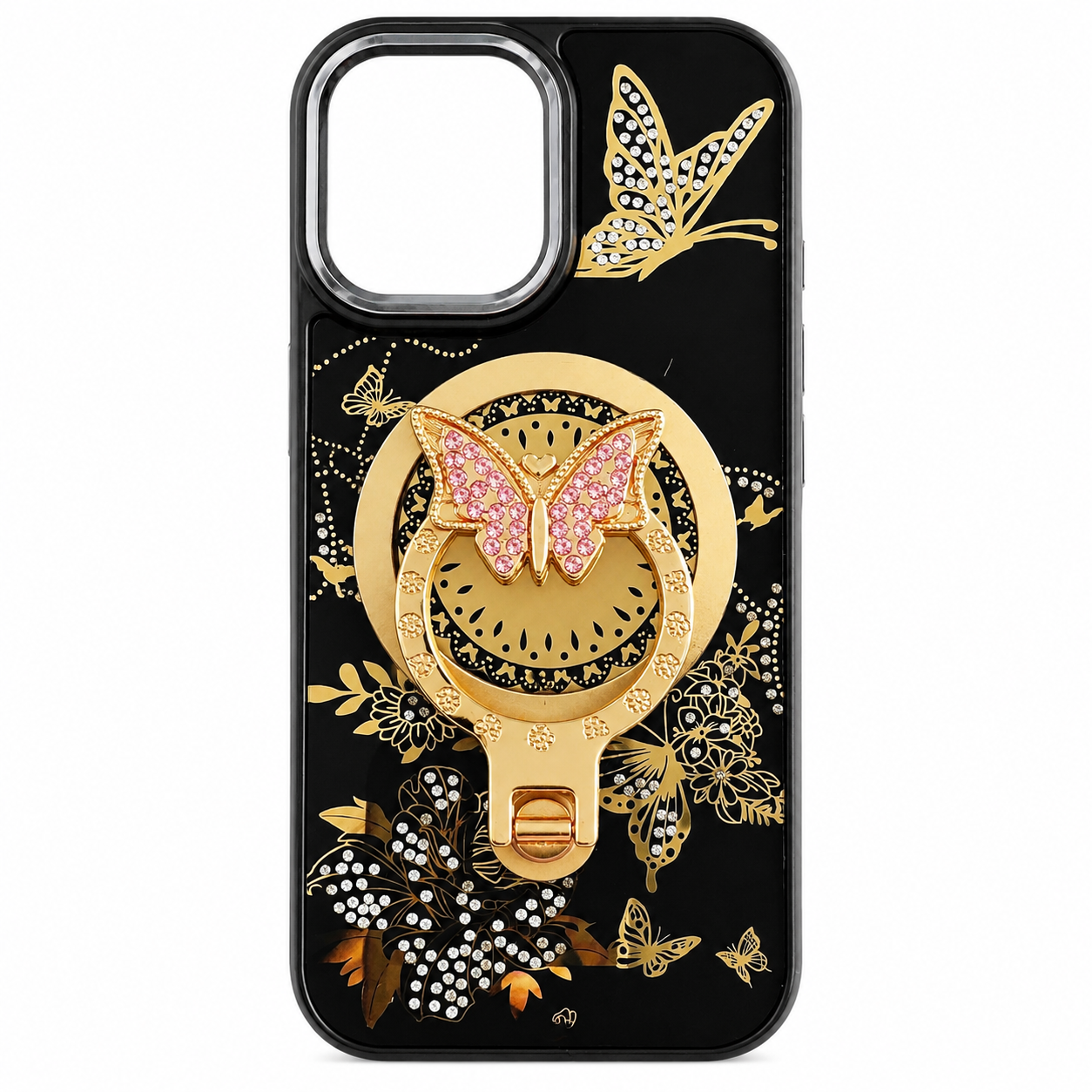 Glitter Sparkle Butterflies Ring Stand Bling Diamond Kickstand Shockproof Protective Cover in black, compatible for iPhone 17