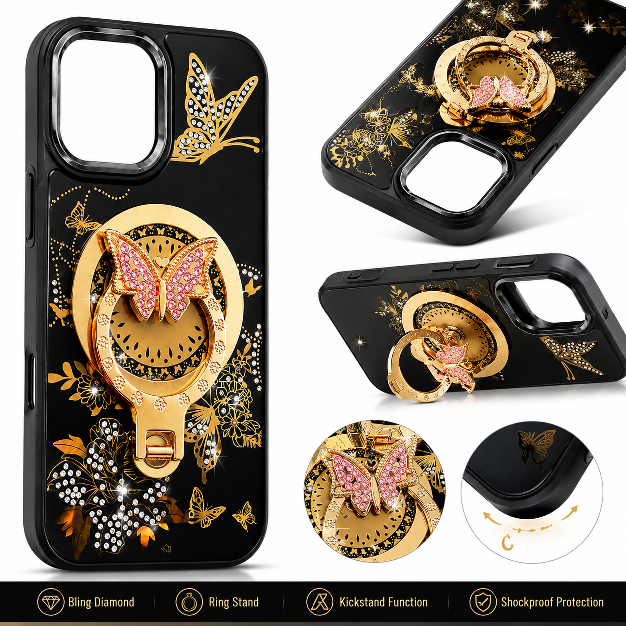 Glitter Sparkle Butterflies Ring Stand Bling Diamond Kickstand Shockproof Protective Cover in black, compatible for iPhone 17 – view 2