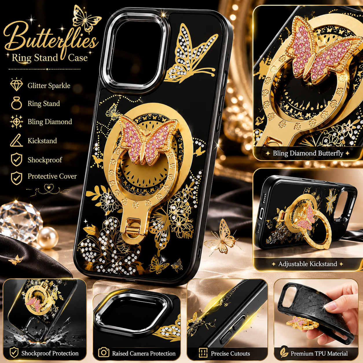 Glitter Sparkle Butterflies Ring Stand Bling Diamond Kickstand Shockproof Protective Cover in black, compatible for iPhone 17 – view 3