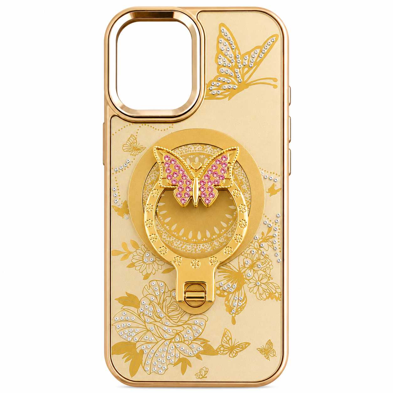 Glitter Sparkle Butterflies Ring Stand Bling Diamond Kickstand Shockproof Protective Cover in gold, compatible for iPhone 17