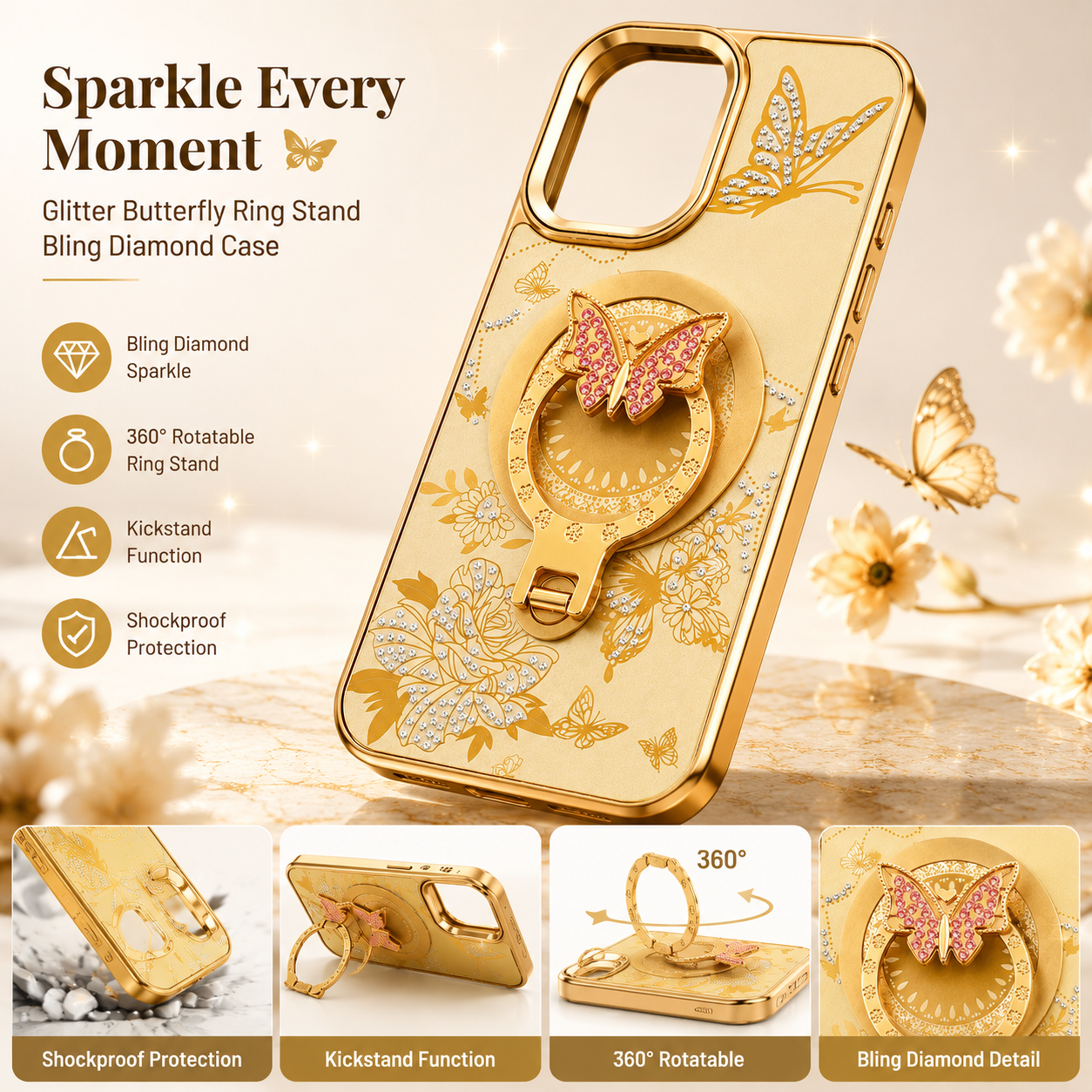 Glitter Sparkle Butterflies Ring Stand Bling Diamond Kickstand Shockproof Protective Cover in gold, compatible for iPhone 17 – view 2