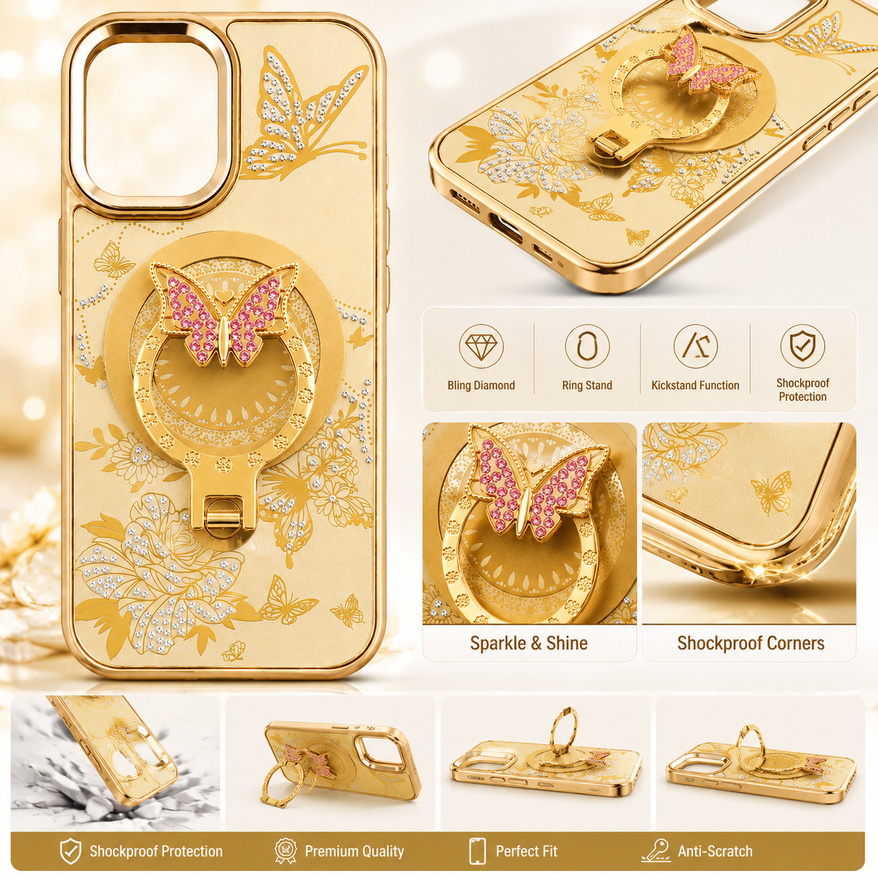 Glitter Sparkle Butterflies Ring Stand Bling Diamond Kickstand Shockproof Protective Cover in gold, compatible for iPhone 17 – view 3