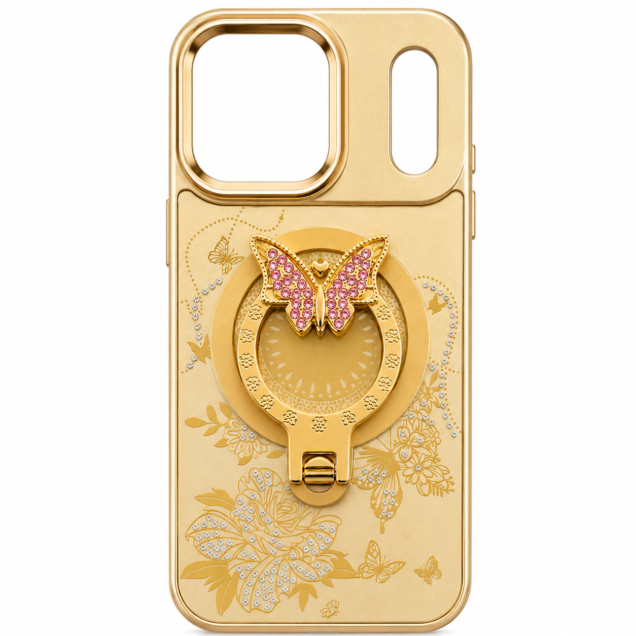 Glitter Sparkle Butterflies Ring Stand Bling Diamond Kickstand Shockproof Protective Cover in gold, compatible for iPhone 17 Pro / iPhone 18 Pro