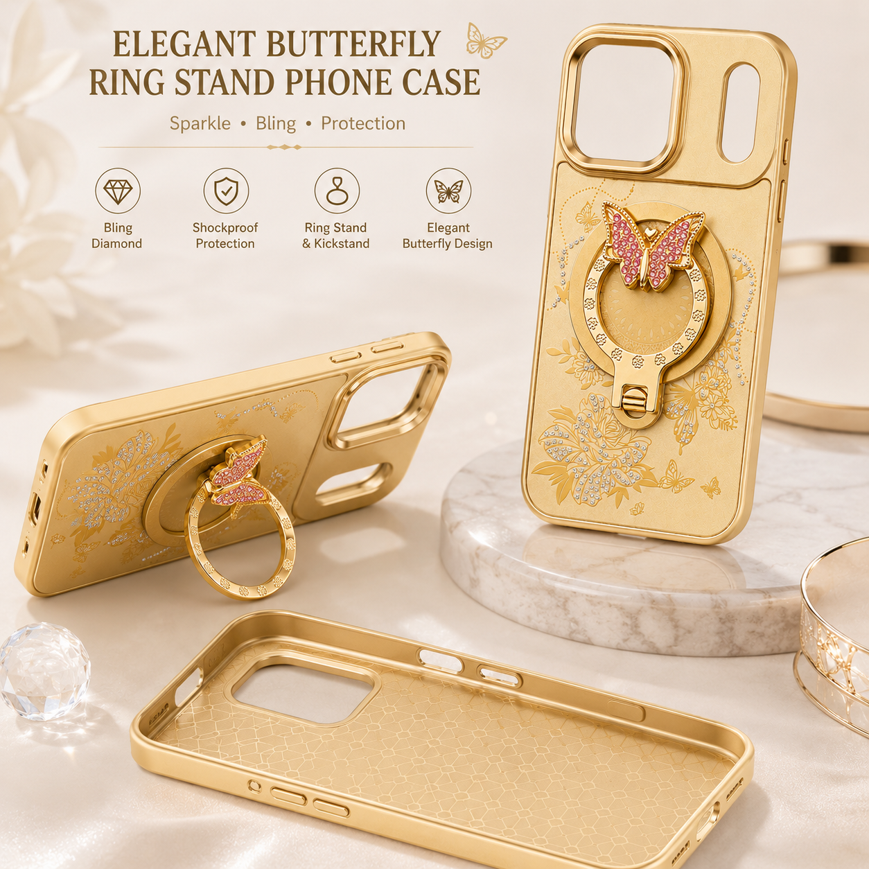 Glitter Sparkle Butterflies Ring Stand Bling Diamond Kickstand Shockproof Protective Cover in gold, compatible for iPhone 17 Pro / iPhone 18 Pro – view 2