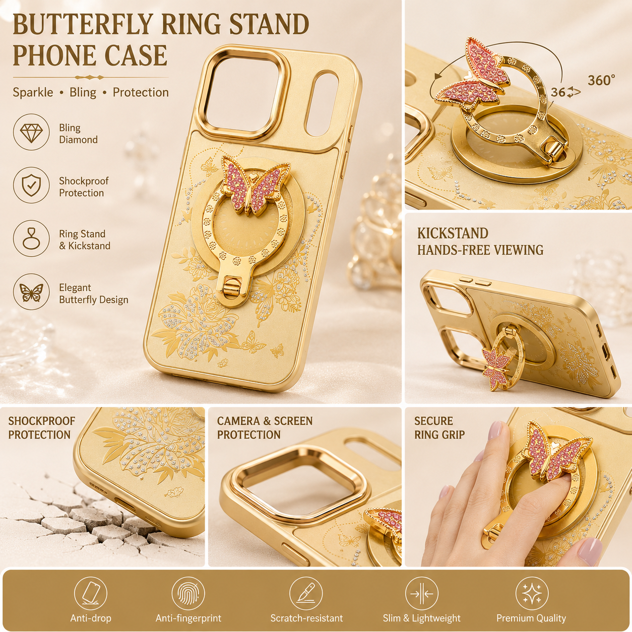 Glitter Sparkle Butterflies Ring Stand Bling Diamond Kickstand Shockproof Protective Cover in gold, compatible for iPhone 17 Pro / iPhone 18 Pro – view 3
