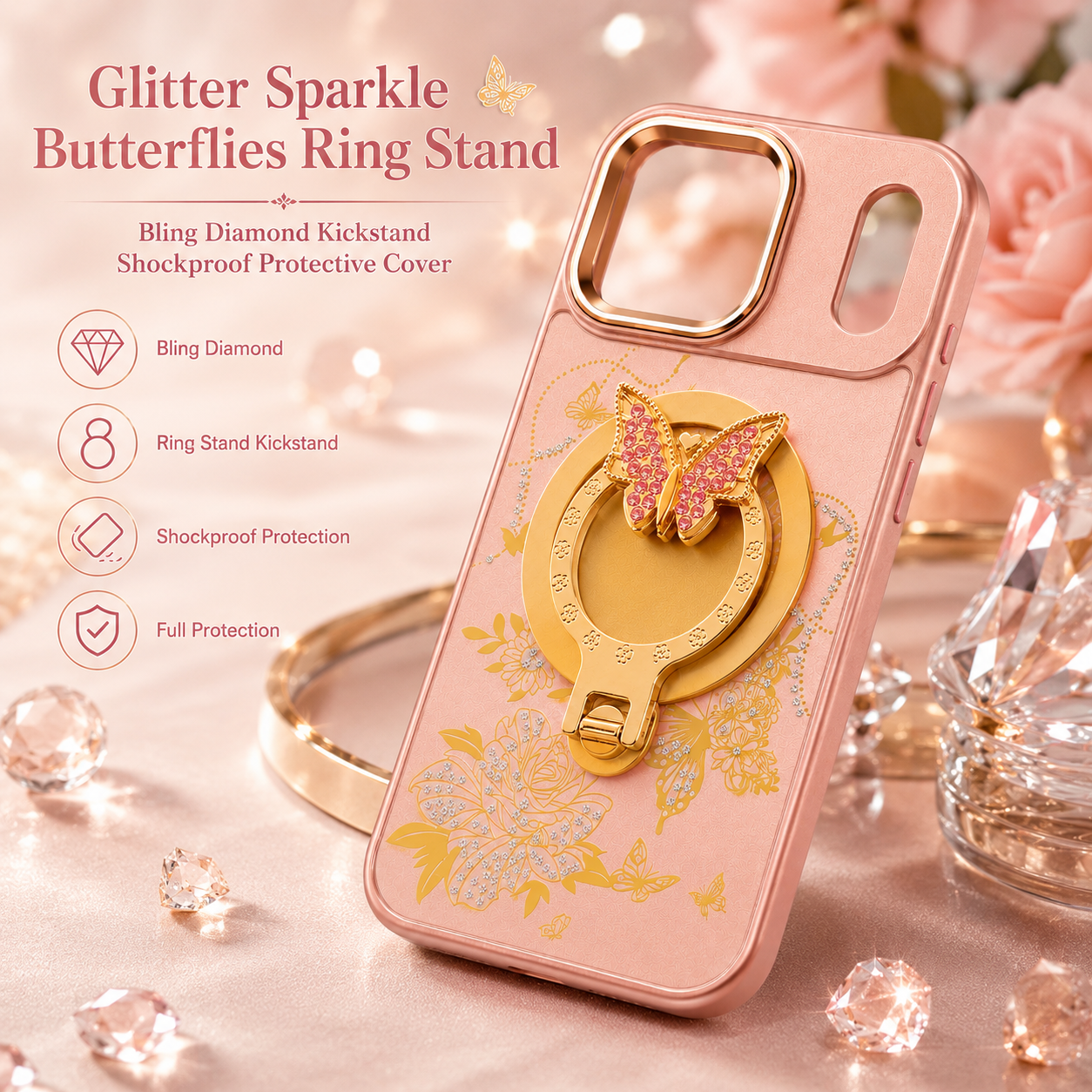 Glitter Sparkle Butterflies Ring Stand Bling Diamond Kickstand Shockproof Protective Cover in rose gold , compatible for iPhone 17 Pro / iPhone 18 Pro – view 2