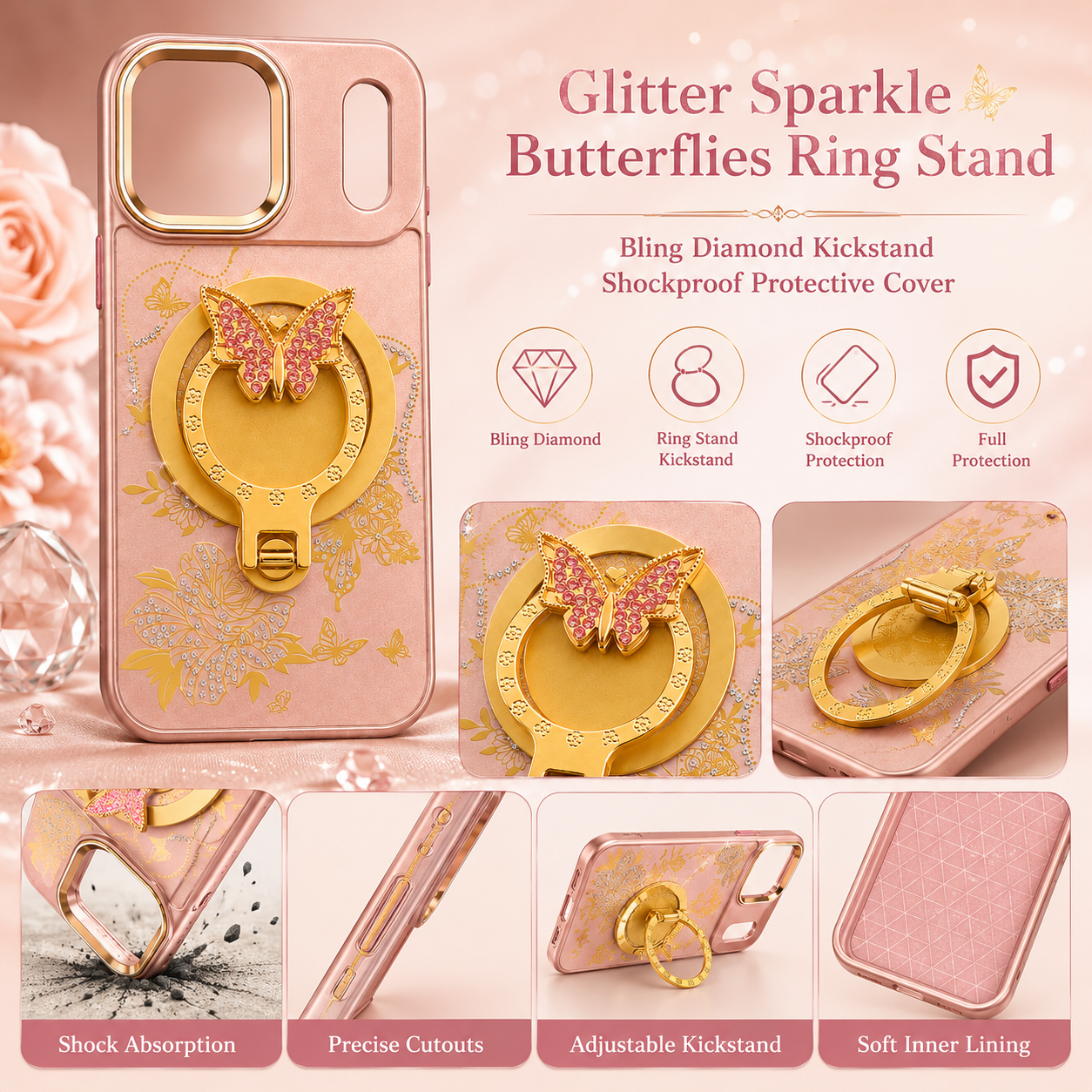 Glitter Sparkle Butterflies Ring Stand Bling Diamond Kickstand Shockproof Protective Cover in rose gold , compatible for iPhone 17 Pro / iPhone 18 Pro – view 3