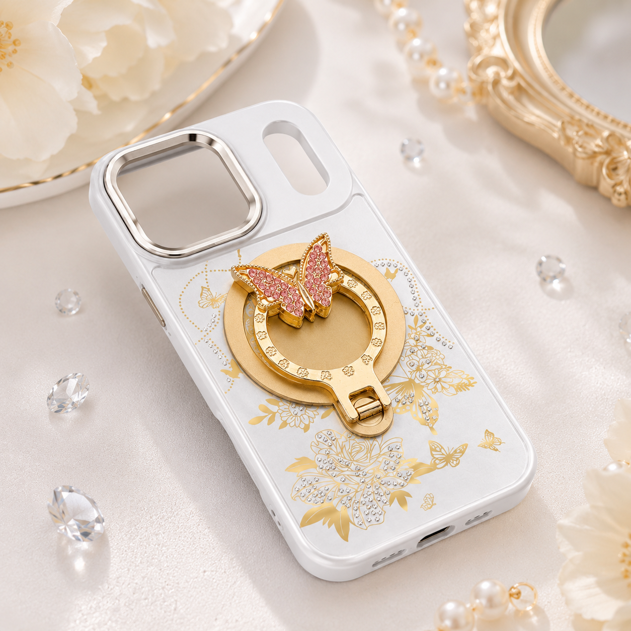 Glitter Sparkle Butterflies Ring Stand Bling Diamond Kickstand Shockproof Protective Cover in silver, compatible for iPhone 17 Pro / iPhone 18 Pro – view 2