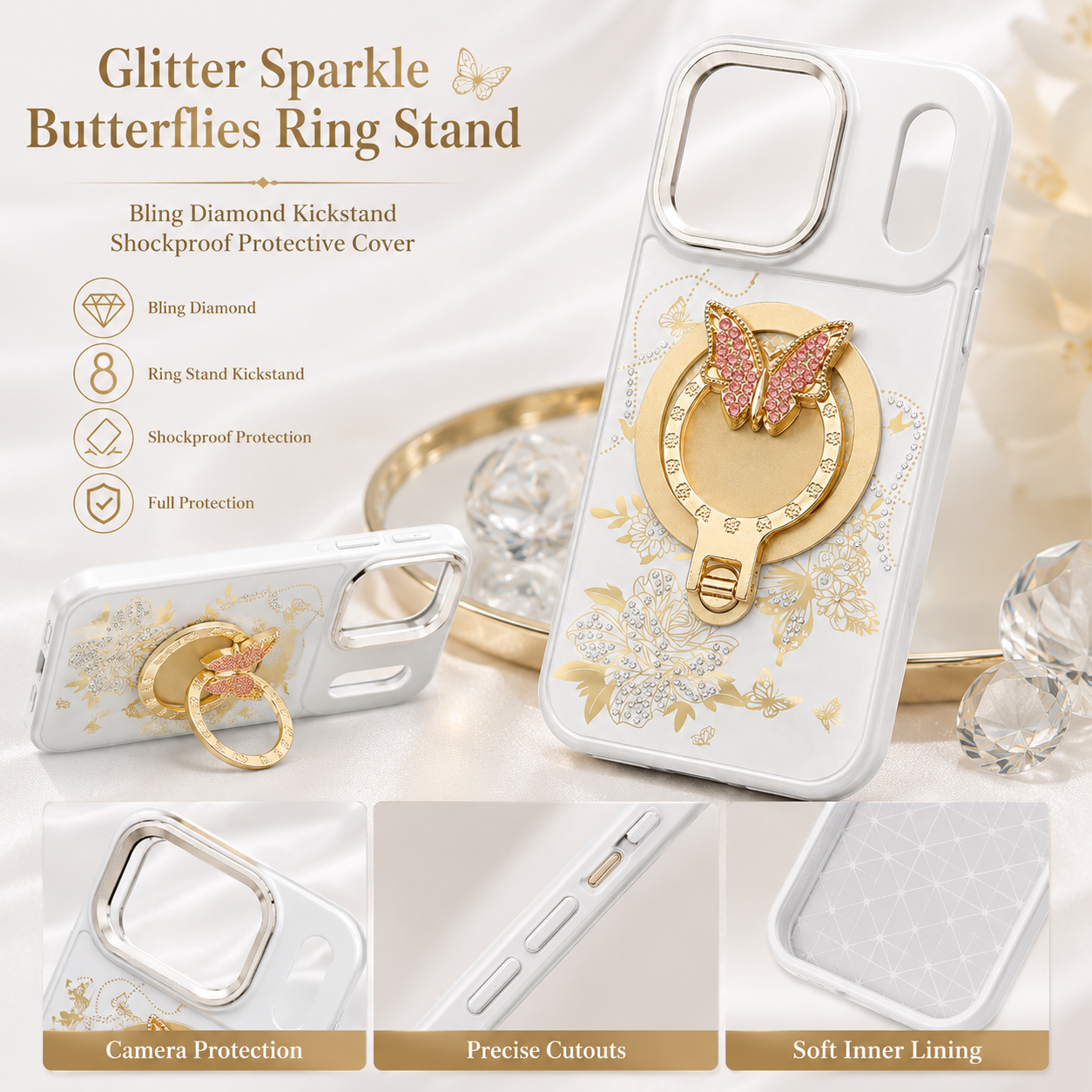 Glitter Sparkle Butterflies Ring Stand Bling Diamond Kickstand Shockproof Protective Cover in silver, compatible for iPhone 17 Pro / iPhone 18 Pro – view 3
