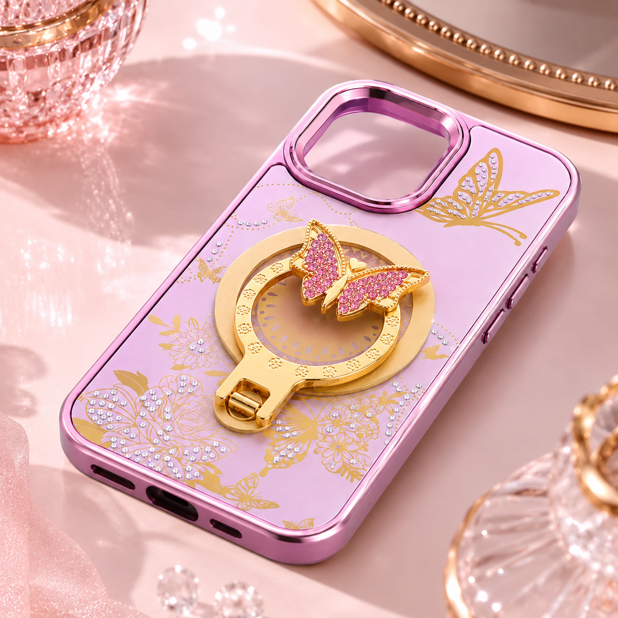 Glitter Sparkle Butterflies Ring Stand Bling Diamond Kickstand Shockproof Protective Cover in pink, compatible for iPhone 17 – view 2