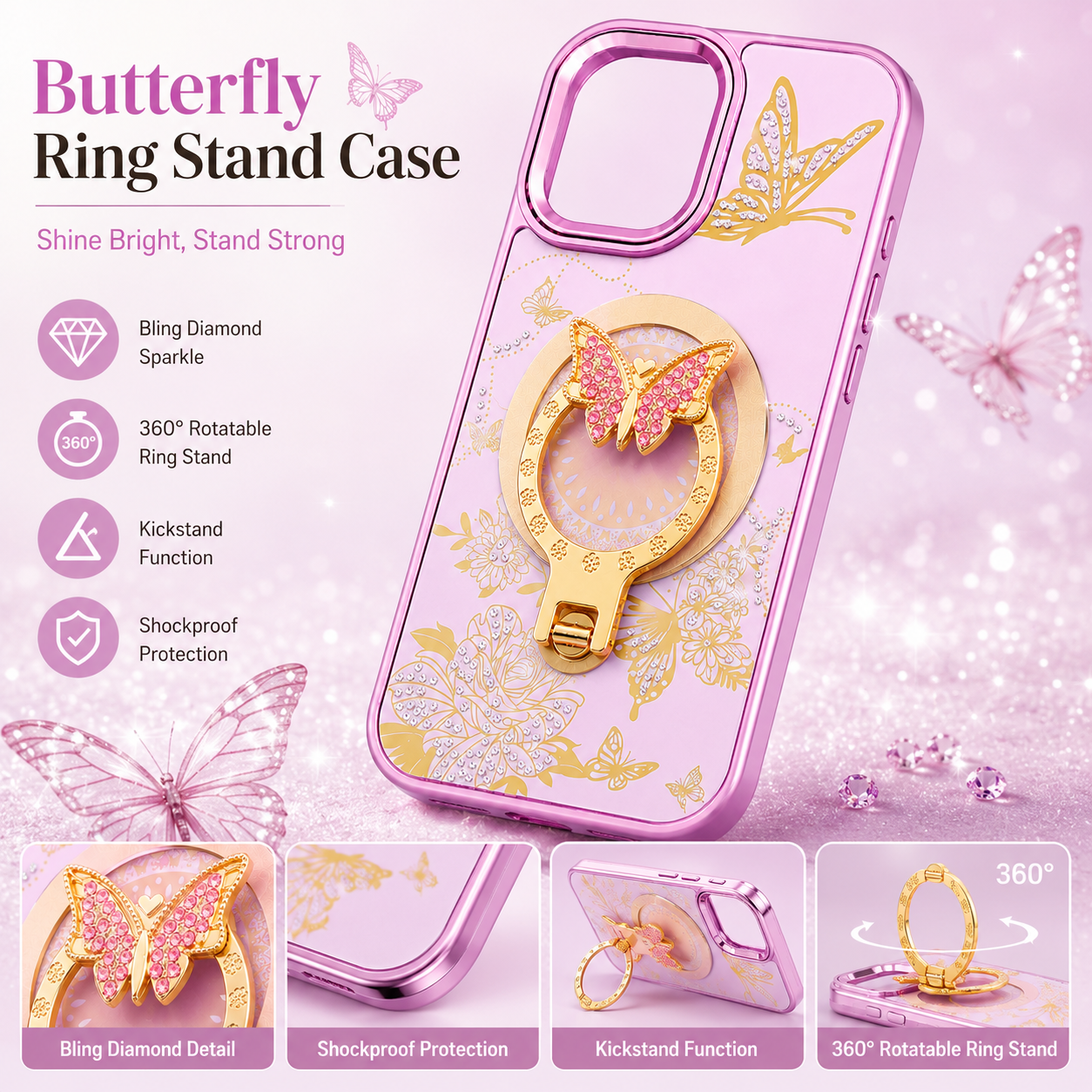 Glitter Sparkle Butterflies Ring Stand Bling Diamond Kickstand Shockproof Protective Cover in pink, compatible for iPhone 17 – view 3