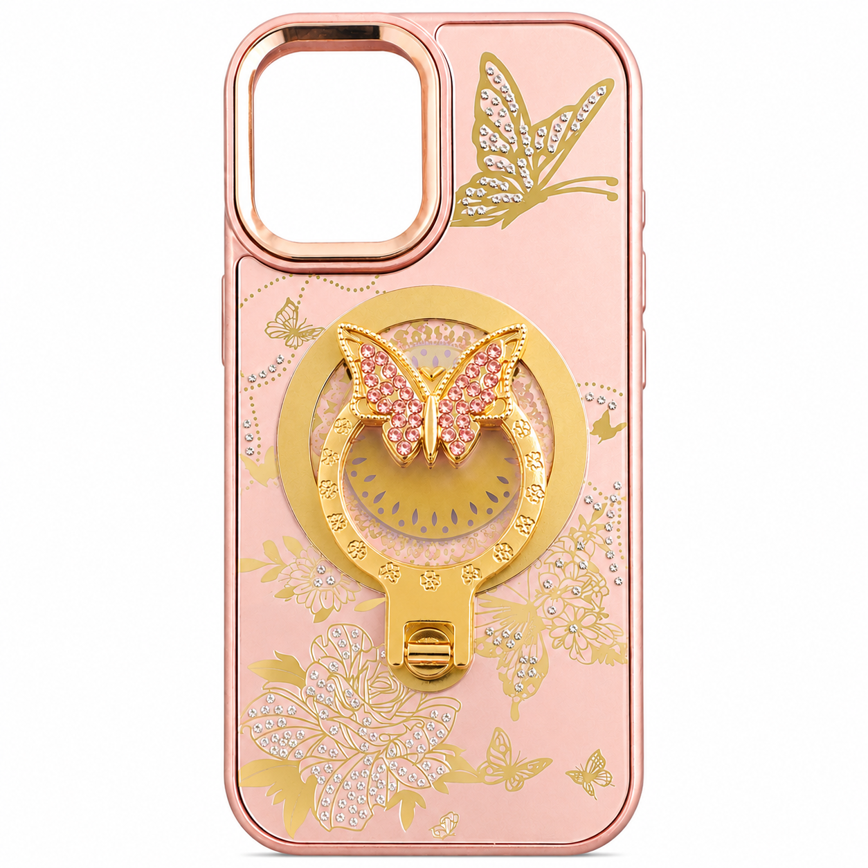 Glitter Sparkle Butterflies Ring Stand Bling Diamond Kickstand Shockproof Protective Cover in rose gold , compatible for iPhone 17