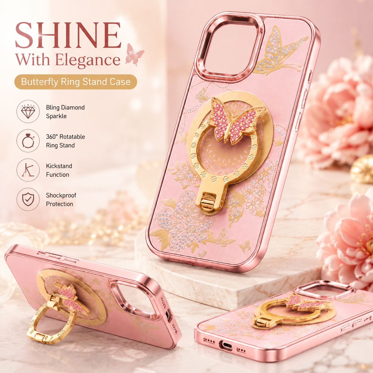 Glitter Sparkle Butterflies Ring Stand Bling Diamond Kickstand Shockproof Protective Cover in rose gold , compatible for iPhone 17 – view 2