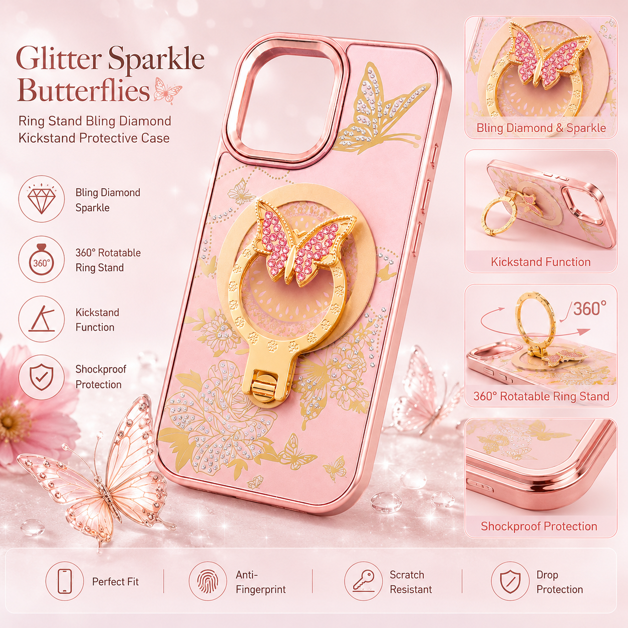 Glitter Sparkle Butterflies Ring Stand Bling Diamond Kickstand Shockproof Protective Cover in rose gold , compatible for iPhone 17 – view 3