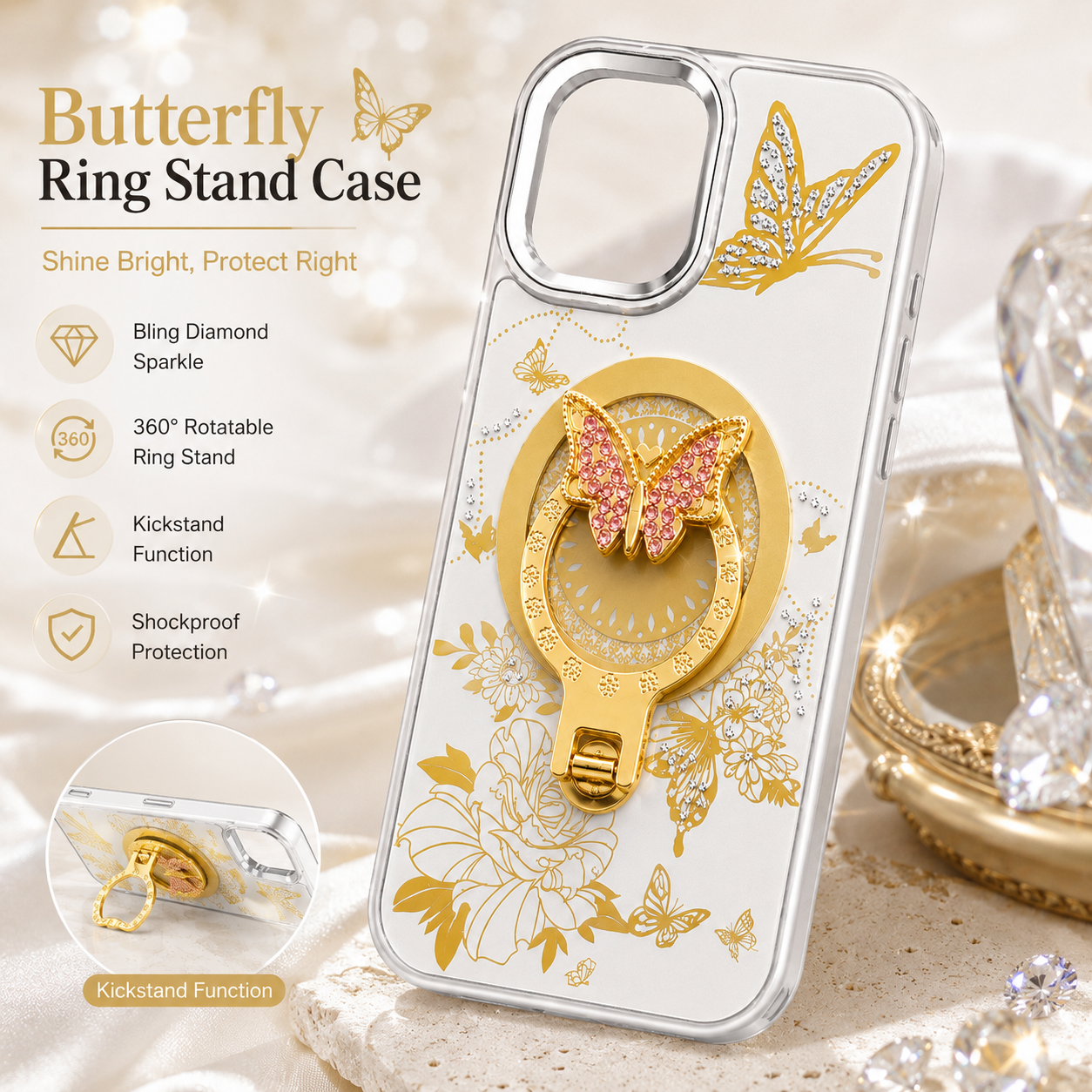 Glitter Sparkle Butterflies Ring Stand Bling Diamond Kickstand Shockproof Protective Cover in silver, compatible for iPhone 17 – view 2