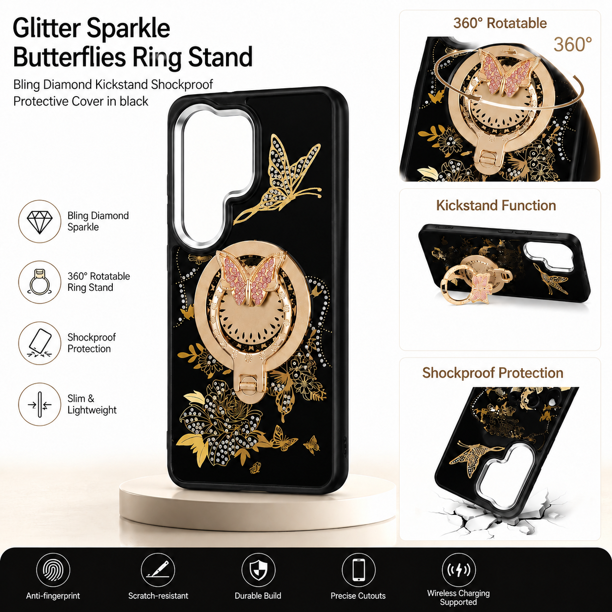 Glitter Sparkle Butterflies Ring Stand Bling Diamond Kickstand Shockproof Protective Cover in black, compatible for Samsung A37 5G – view 2