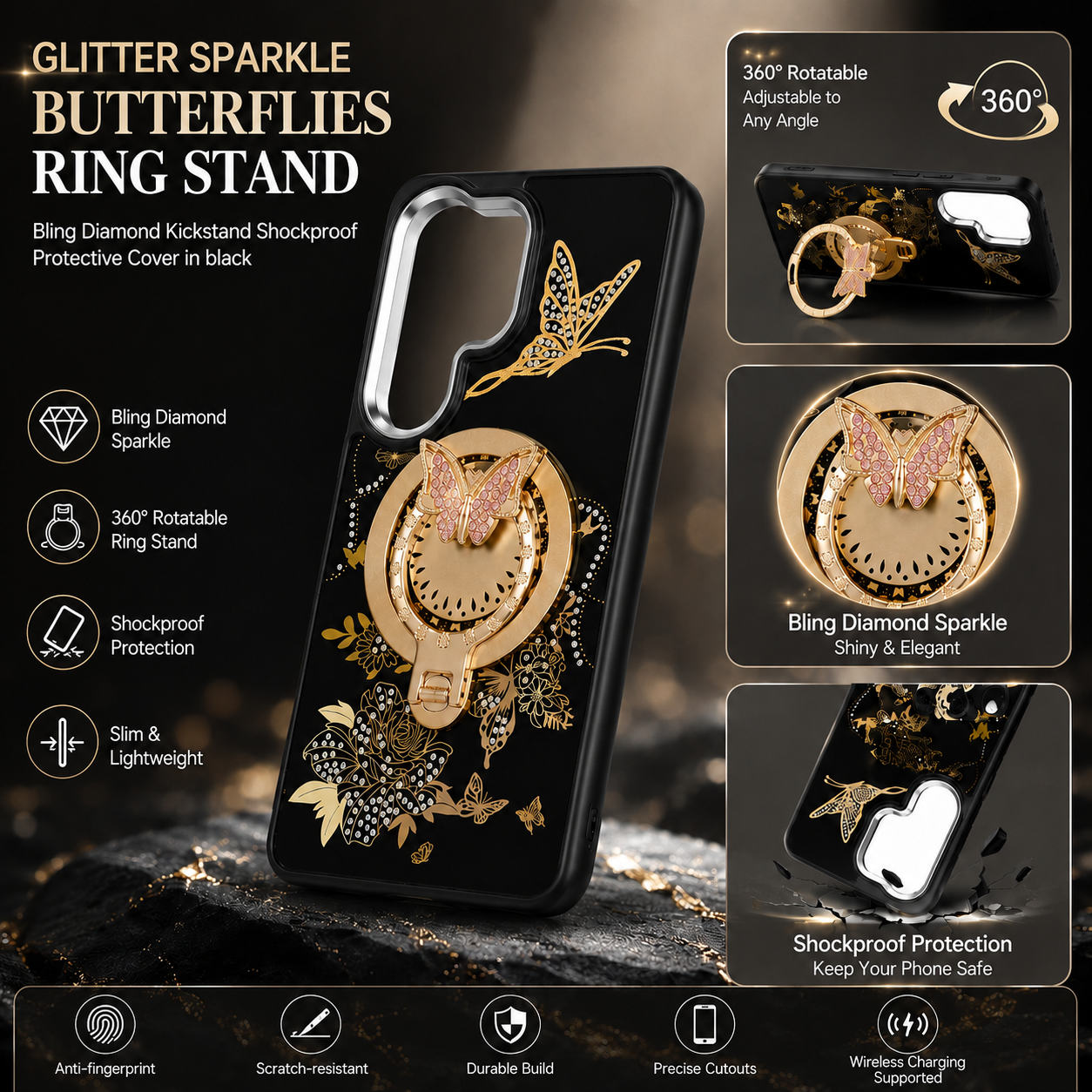 Glitter Sparkle Butterflies Ring Stand Bling Diamond Kickstand Shockproof Protective Cover in silver, compatible for Samsung S26 Plus – view 4