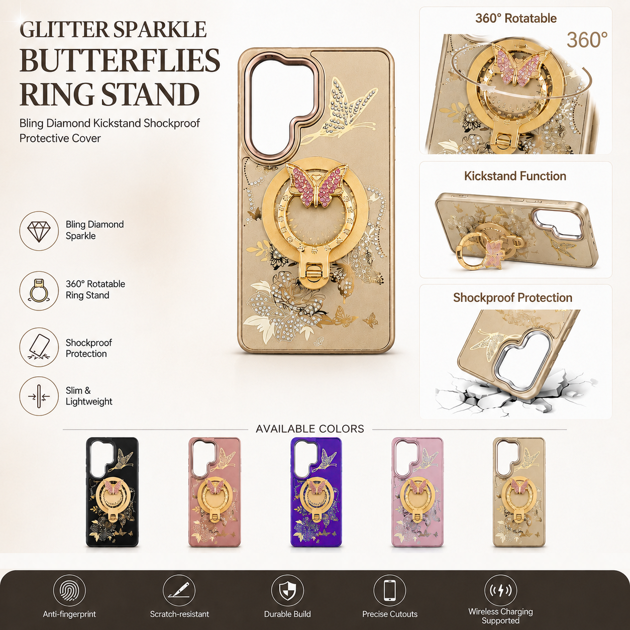 Glitter Sparkle Butterflies Ring Stand Bling Diamond Kickstand Shockproof Protective Cover in Gold, compatible for Samsung S26 Plus – view 2