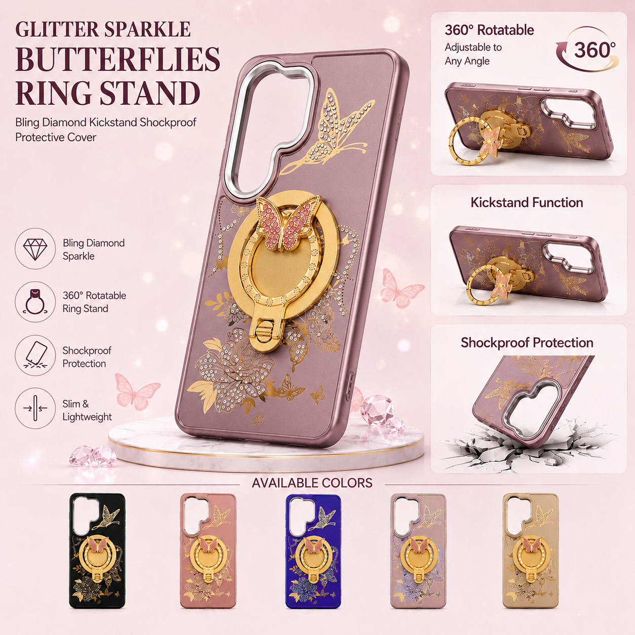 Glitter Sparkle Butterflies Ring Stand Bling Diamond Kickstand Shockproof Protective Cover in Rose Gold, compatible for Samsung S26 Plus – view 2