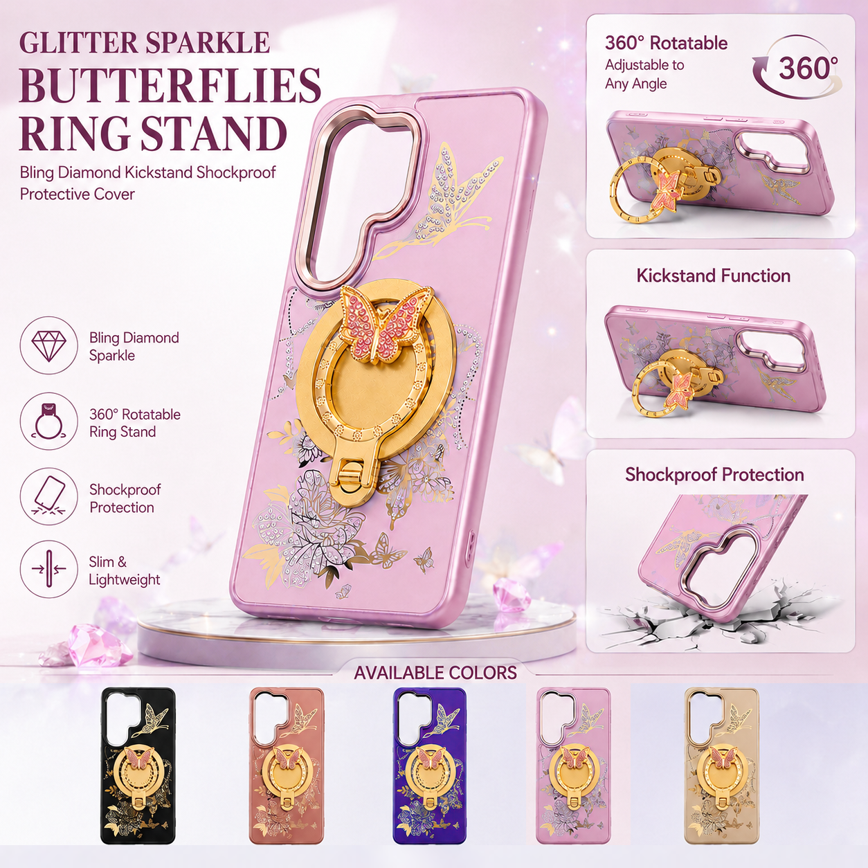 Glitter Sparkle Butterflies Ring Stand Bling Diamond Kickstand Shockproof Protective Cover in Pink, compatible for Samsung S26 Plus – view 2