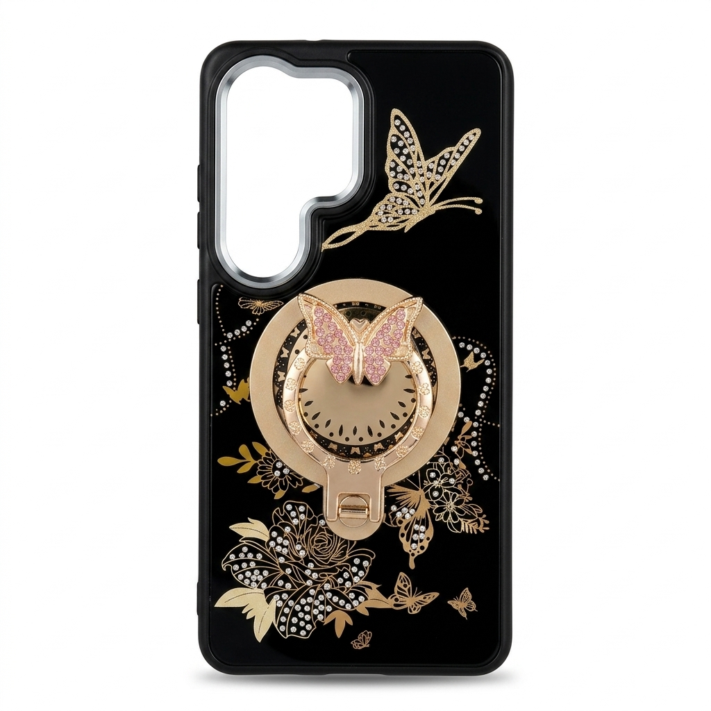 Glitter Sparkle Butterflies Ring Stand Bling Diamond Kickstand Shockproof Protective Cover in Black, compatible for Samsung S26 Plus