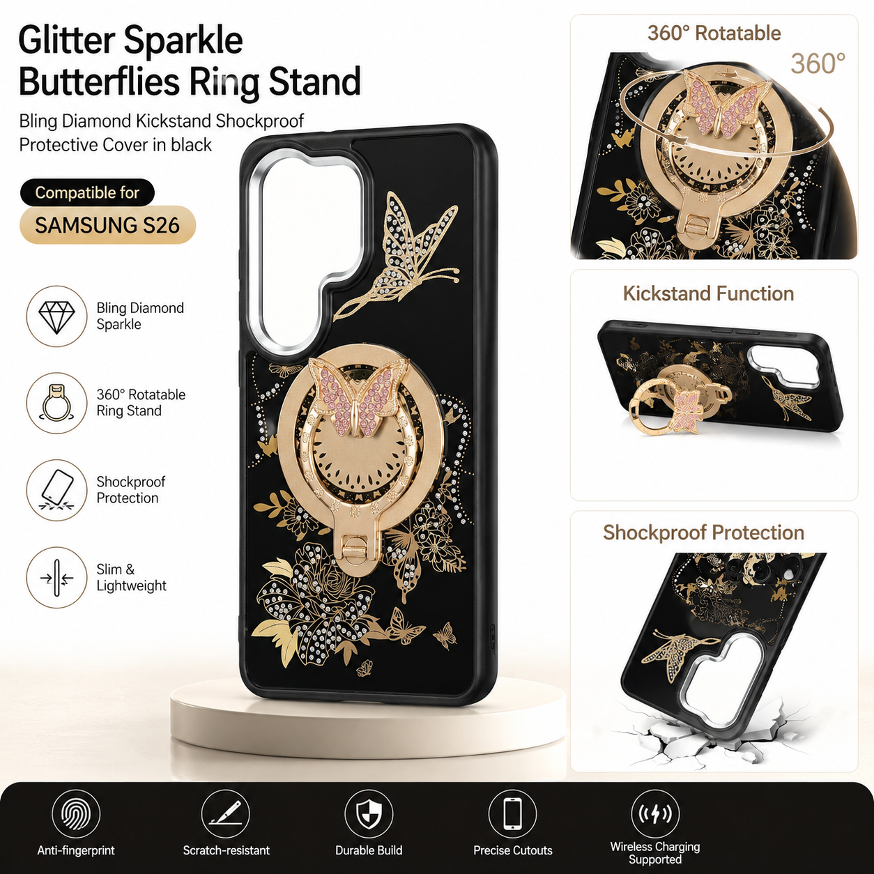Glitter Sparkle Butterflies Ring Stand Bling Diamond Kickstand Shockproof Protective Cover in black, compatible for Samsung S26 – view 2