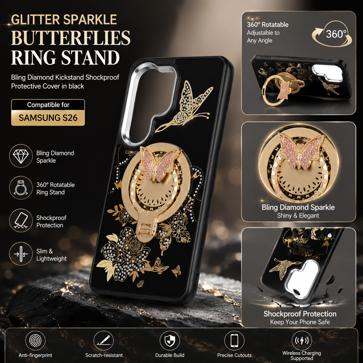 Glitter Sparkle Butterflies Ring Stand Bling Diamond Kickstand Shockproof Protective Cover in Purple, compatible for Samsung S26 Plus – view 4