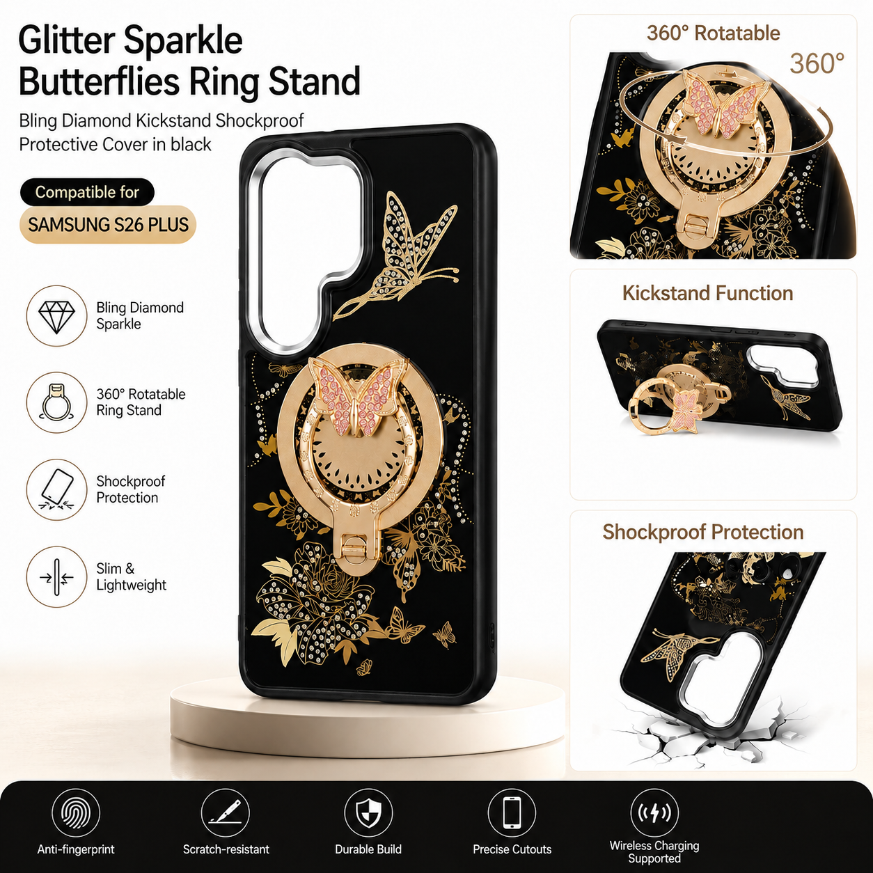 Glitter Sparkle Butterflies Ring Stand Bling Diamond Kickstand Shockproof Protective Cover in Black, compatible for Samsung S26 Plus – view 2