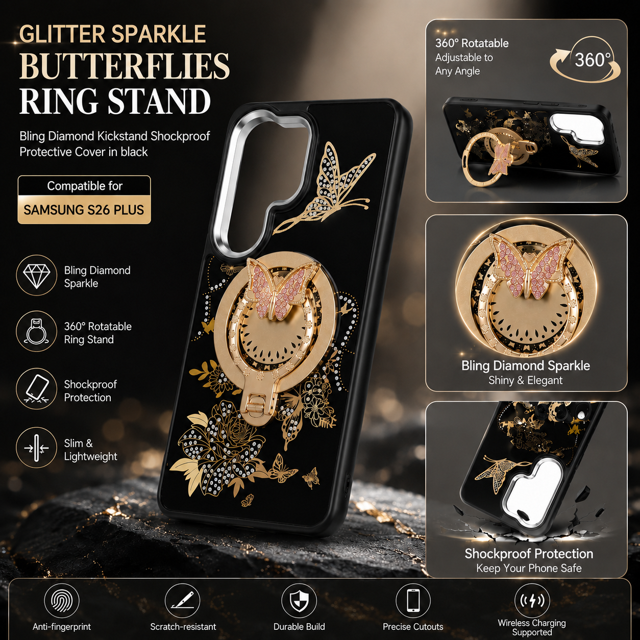 Glitter Sparkle Butterflies Ring Stand Bling Diamond Kickstand Shockproof Protective Cover in Pink, compatible for Samsung S26 Plus – view 4