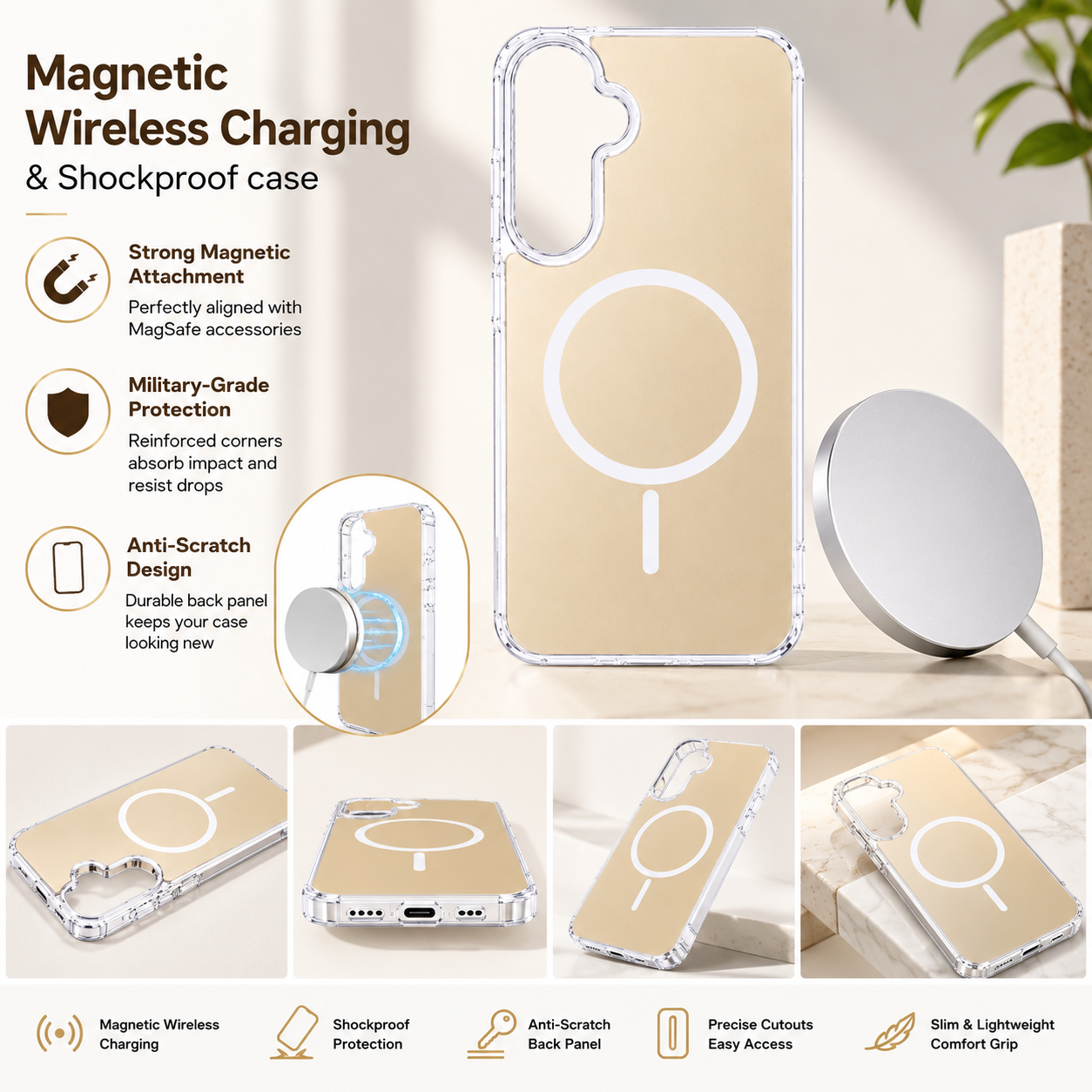 Magnetic Wireless Charging & Shockproof case in gold, compatible with Samsung A27 – view 4