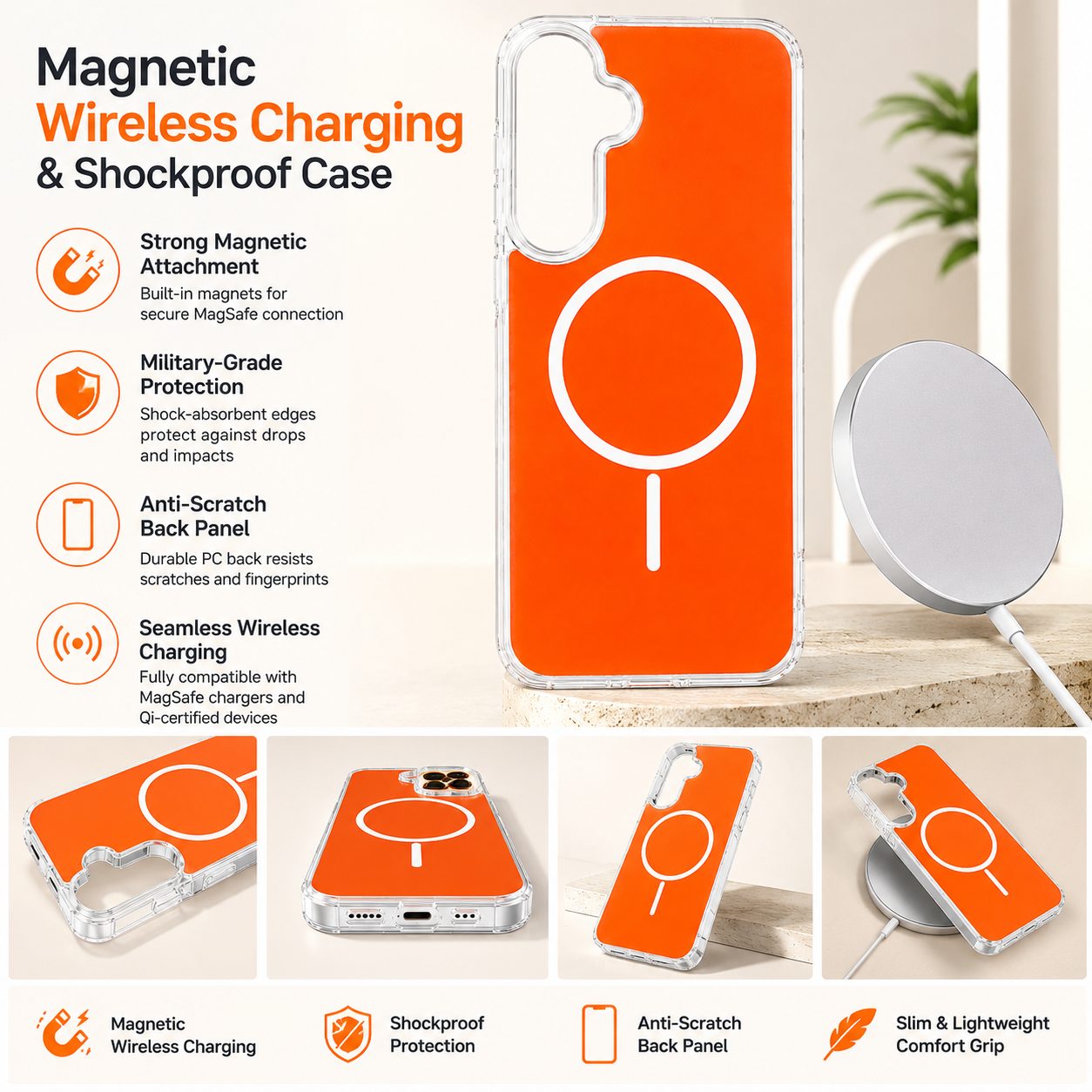 Magnetic Wireless Charging & Shockproof case in orange, compatible with Samsung A27 – view 4