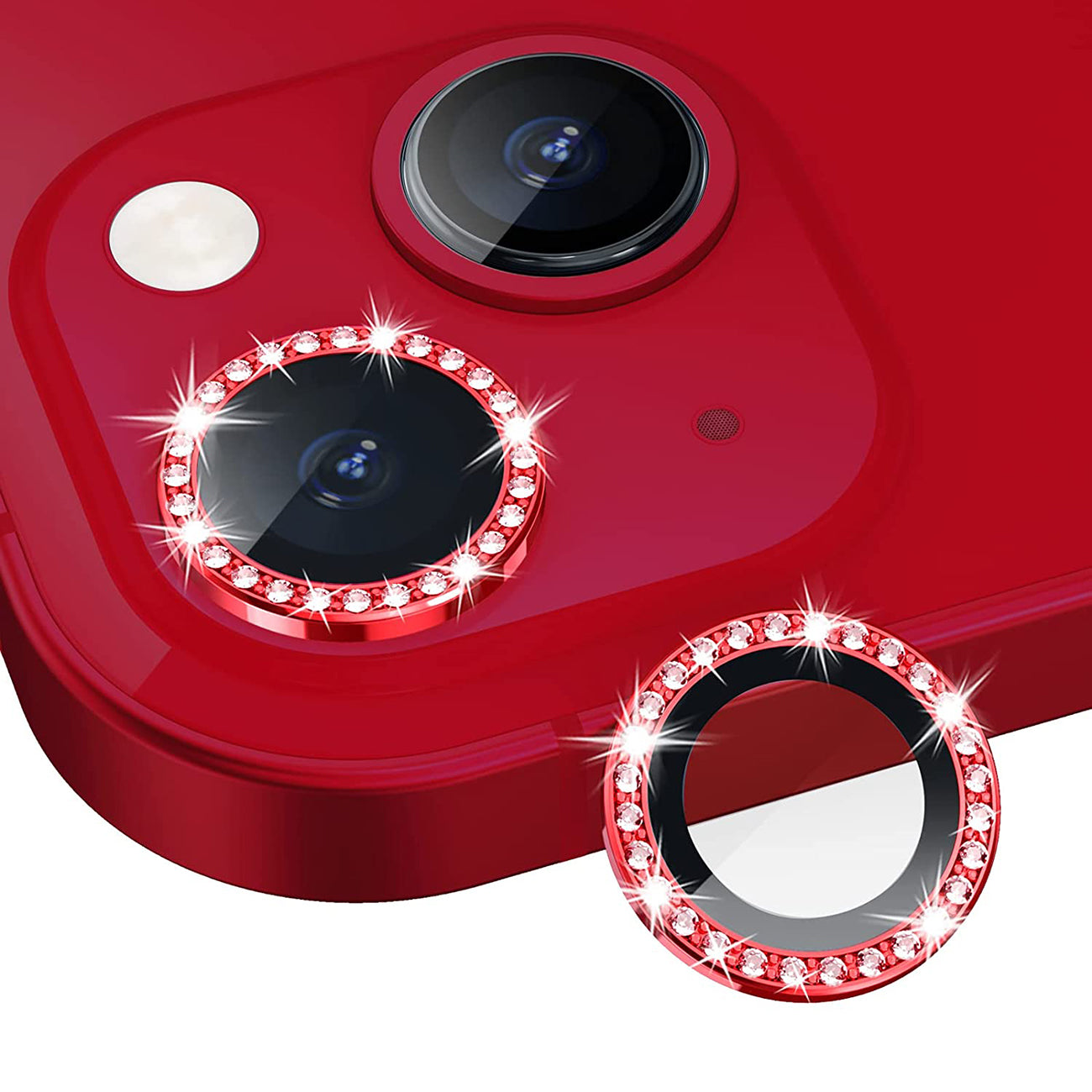 Diamond Camera Lens Protector, Diamond Tempered Glass Camera Cover Screen Protector for iPhone 14 / iPhone 14 Plus in Red