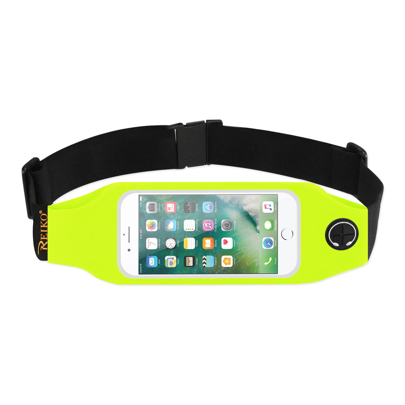 Reiko Running Sport Belt for 5 Inches Device with Two Pockets and LED in Green (5x5 Inches)