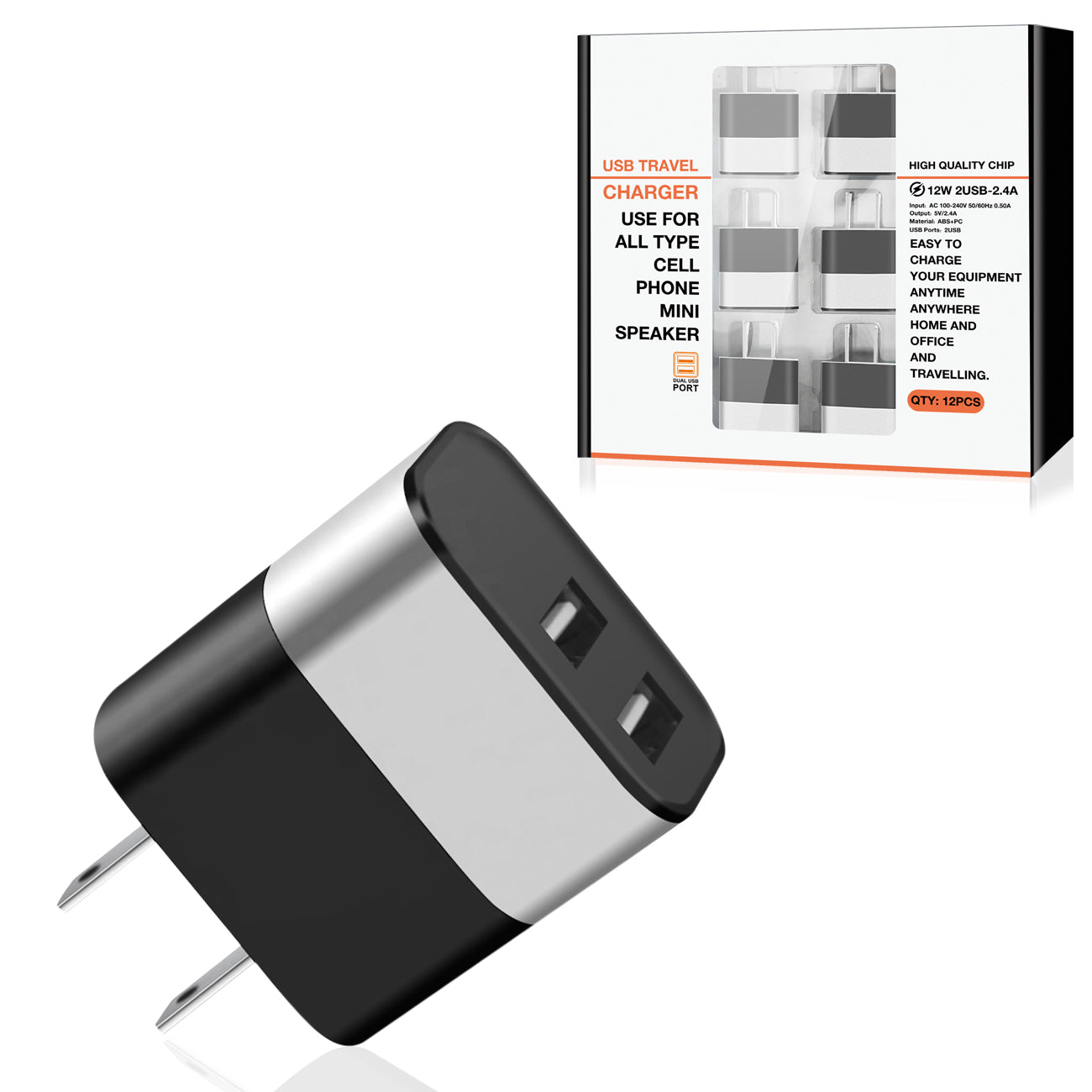 Dual Port USB Wall Charger/ Power Adapter/ Charging Block in Silver (12pcs)