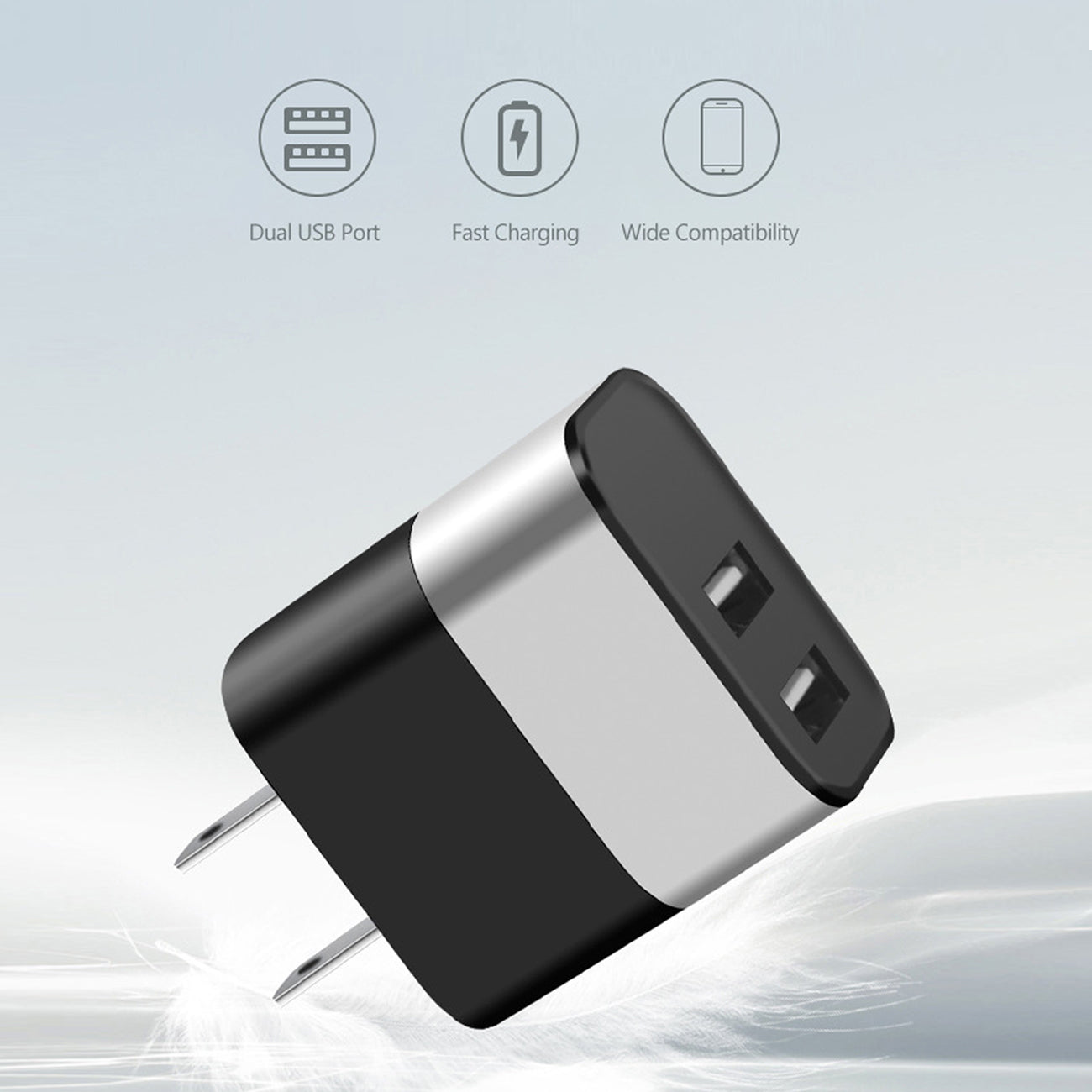 Dual Port USB Wall Charger/ Power Adapter/ Charging Block in Silver (12pcs) – view 2