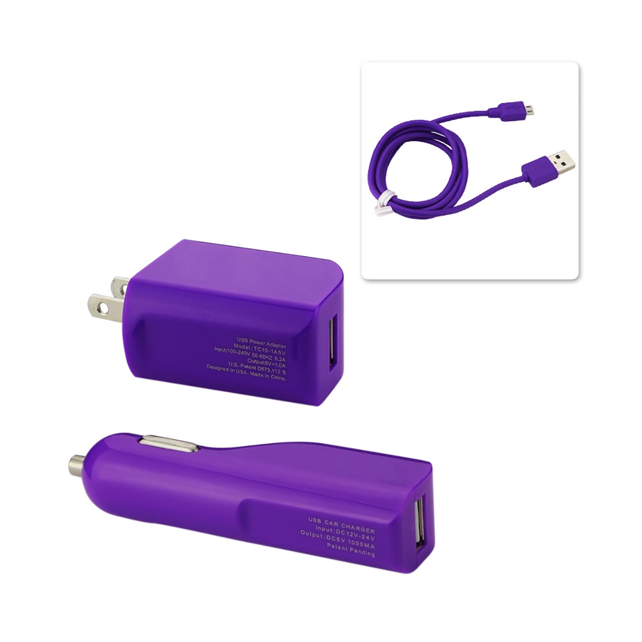 Reiko Micro 1 AMP 3-IN-1 Car Charger Wall Adapter with USB Cable in Purple