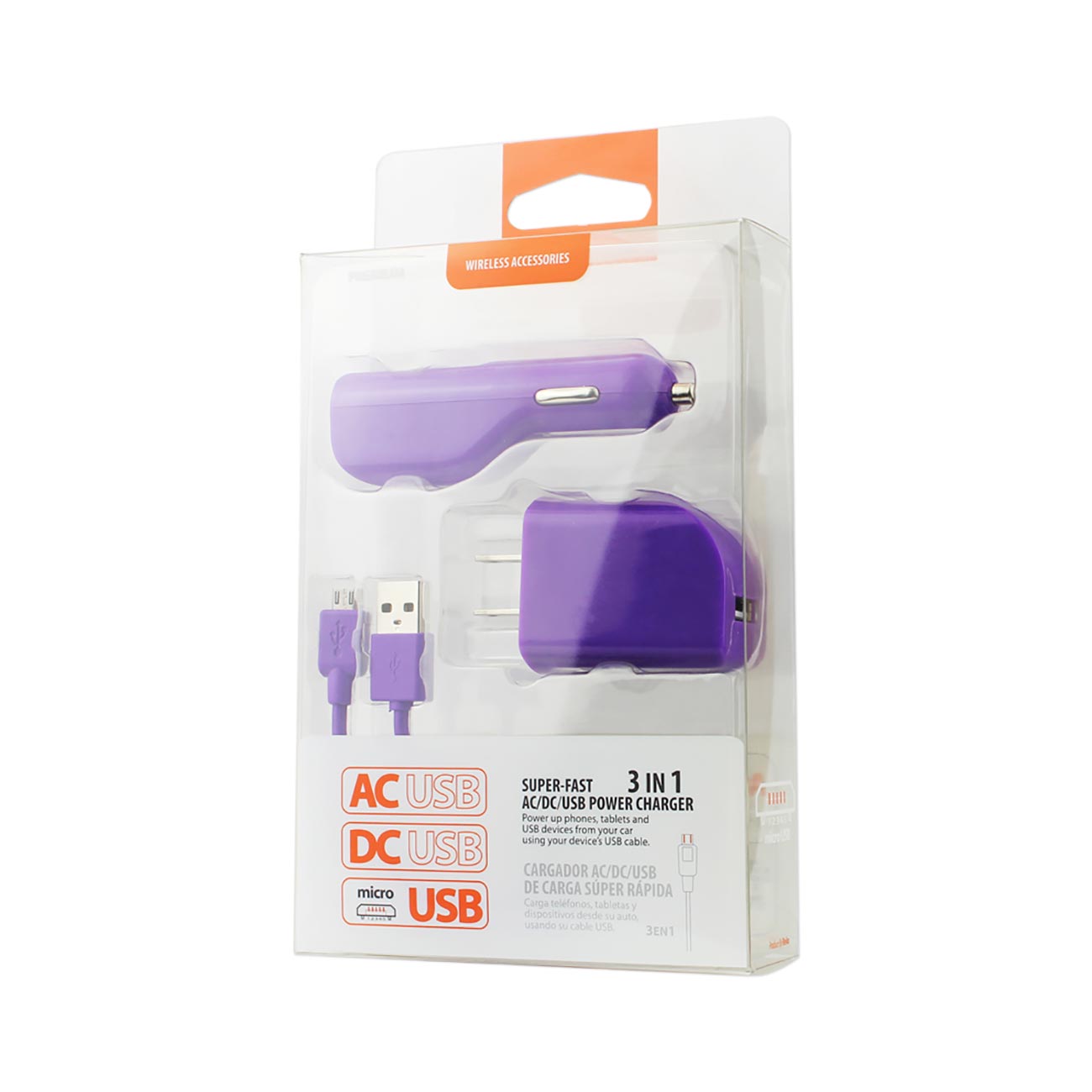 Reiko Micro 1 AMP 3-IN-1 Car Charger Wall Adapter with USB Cable in Purple – view 4